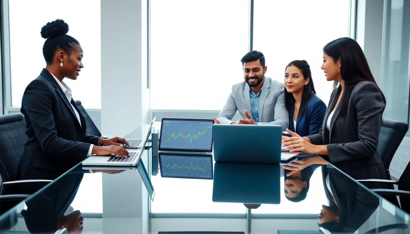 professionals discussing cryptocurrency strategies in a modern office.